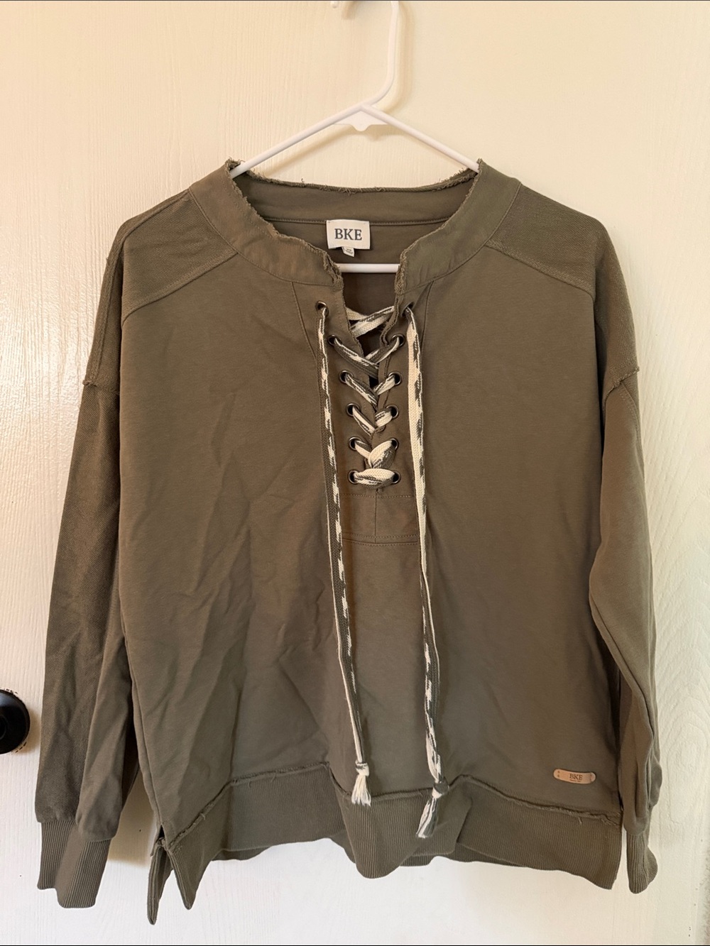 BKE Olive Green Lace-Up Pullover Sweatshirt